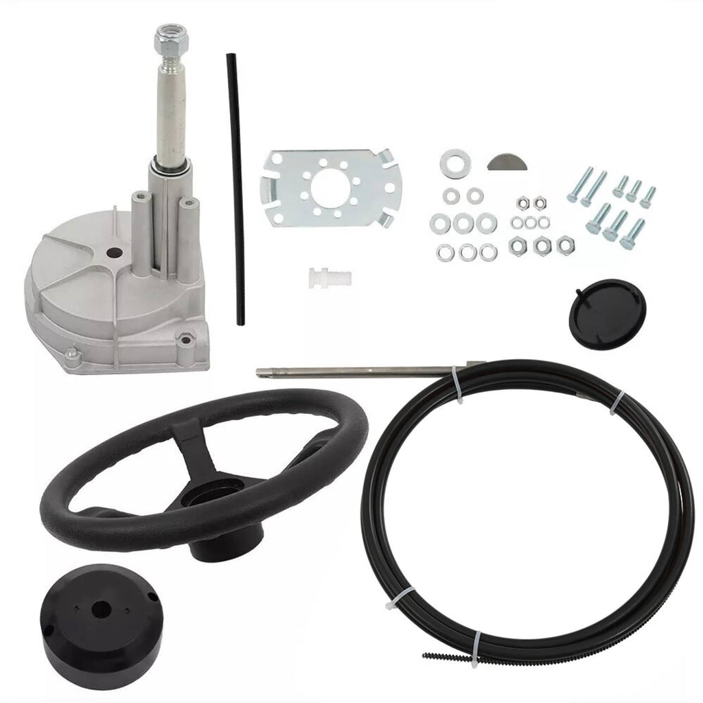 Boat rotary steering system kit with wheel, cables, mounting hardware, and steering cylinder