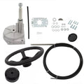 Boat rotary steering system kit with wheel, cables, mounting hardware, and steering cylinder