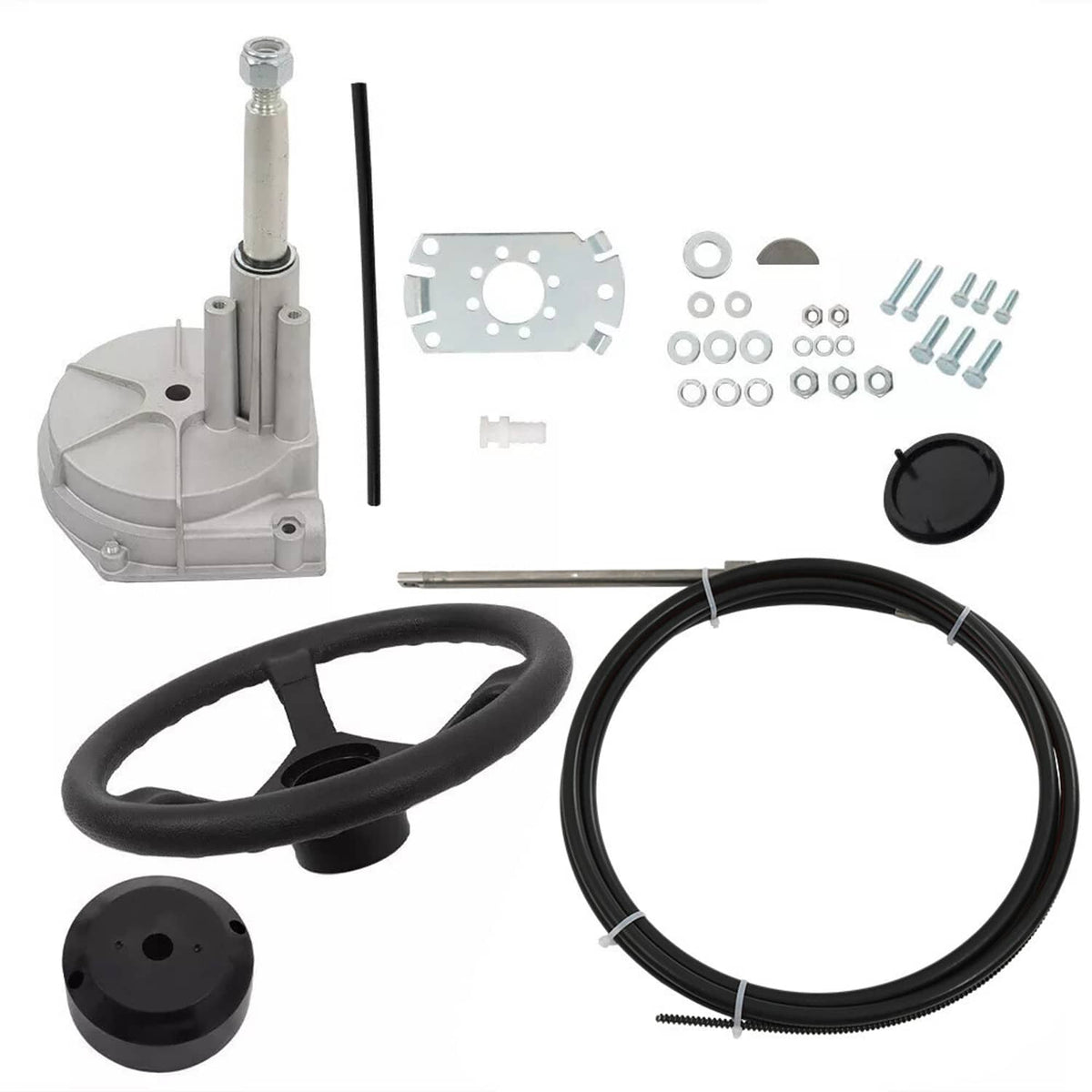 Boat rotary steering system kit with wheel, cables, mounting hardware, and steering cylinder