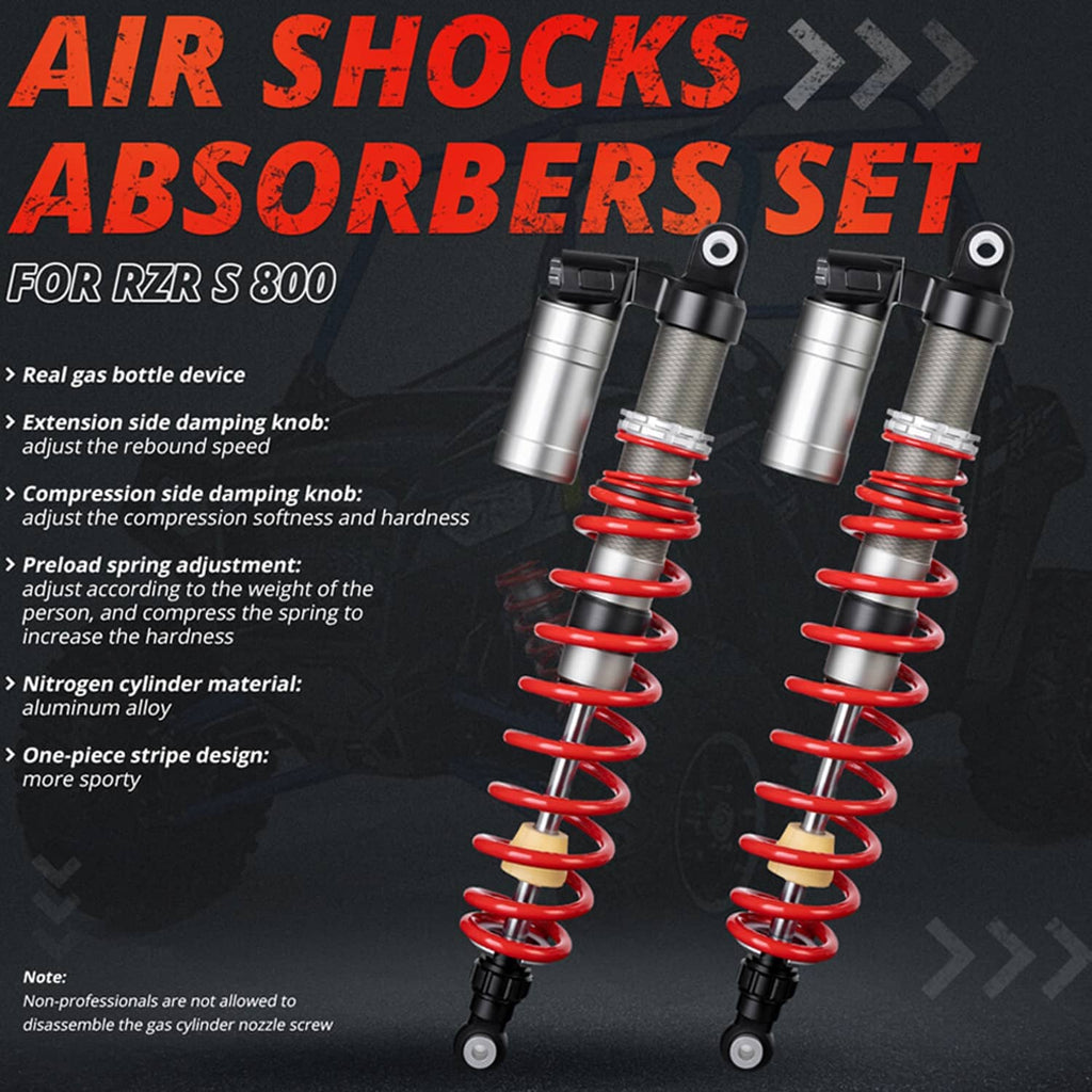 Shock absorber set layout for UTV: two red-spring front shocks with gray dampers