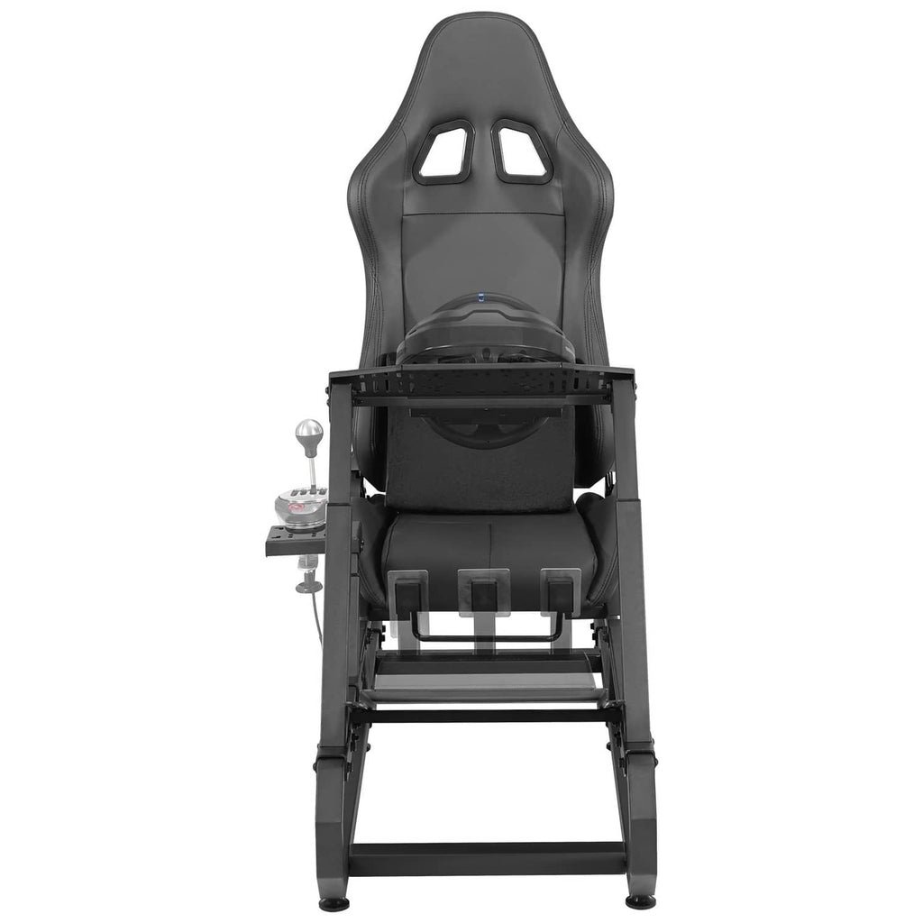 Black racing simulator steering wheel stand with attached seat, front view.