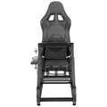 Black racing simulator steering wheel stand with attached seat, front view.