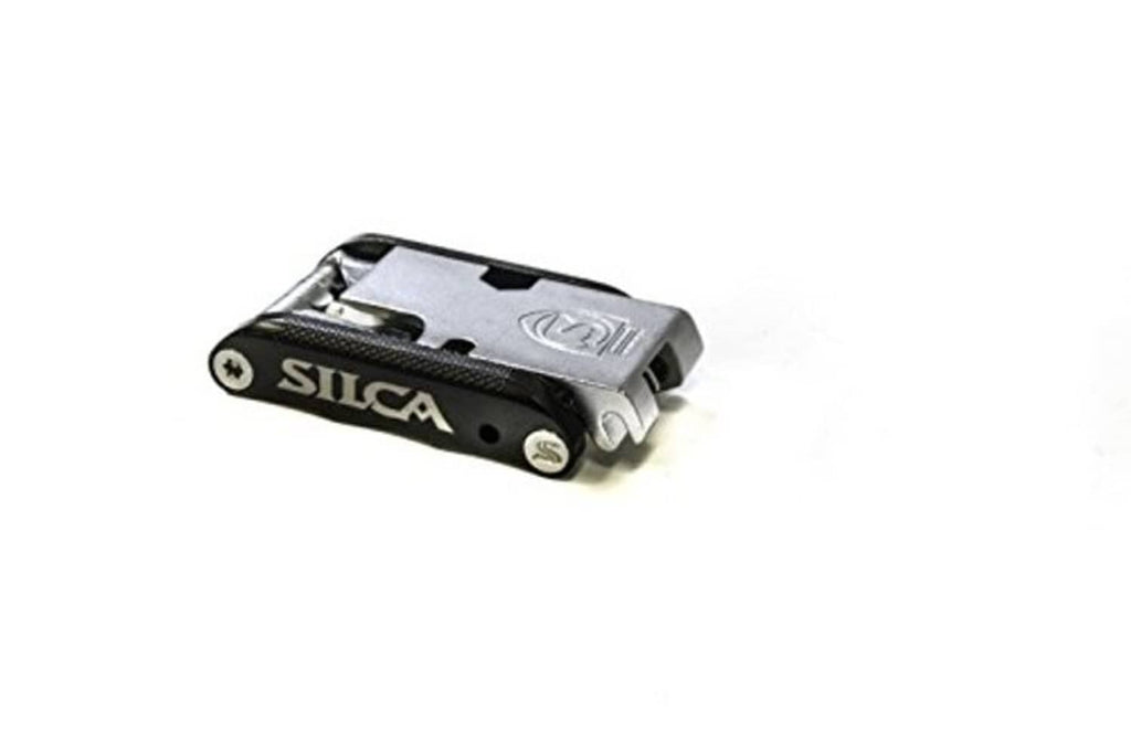 SILCA multi-tool in closed position, black handle with silver metal tool head