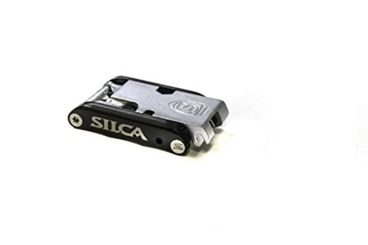 SILCA multi-tool in closed position, black handle with silver metal tool head