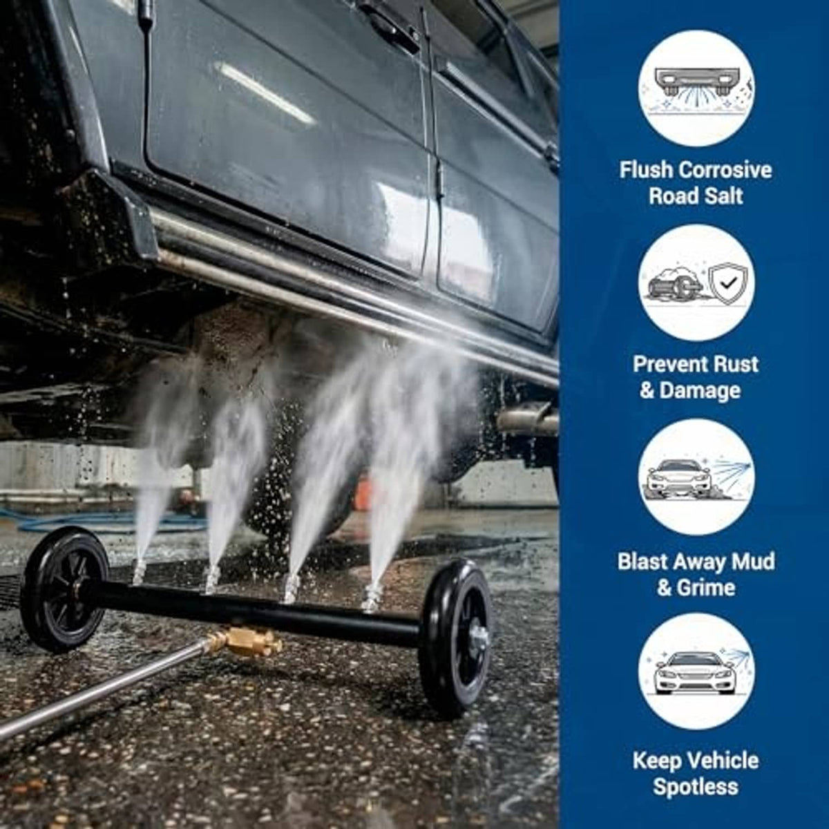 Undercarriage pressure washer cleaner bar blasting spray under a vehicle