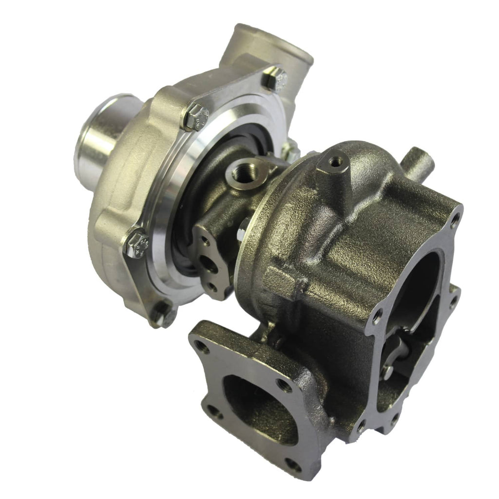 Turbocharger with turbine side housing, actuator parts, and mounting flange