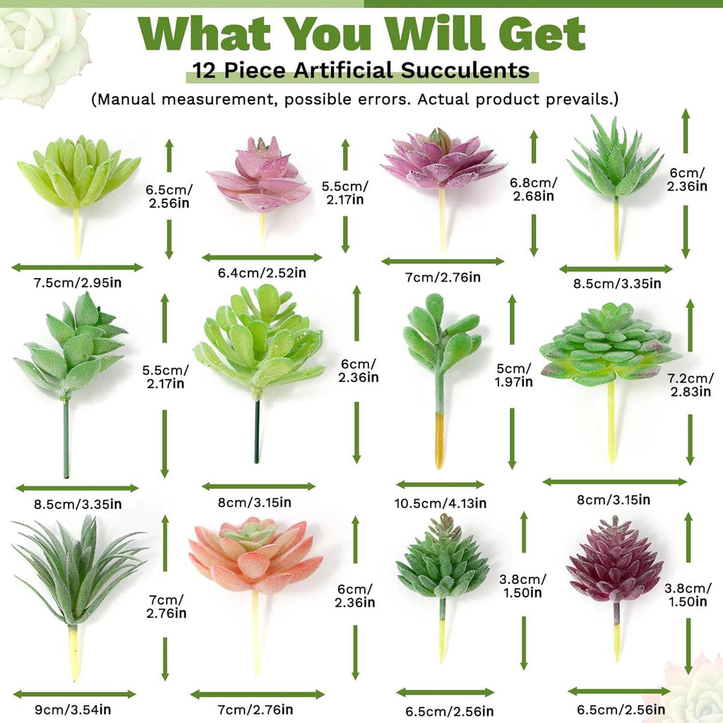 Grid of 12 mini artificial succulents with short stems in green, pink, and purple.