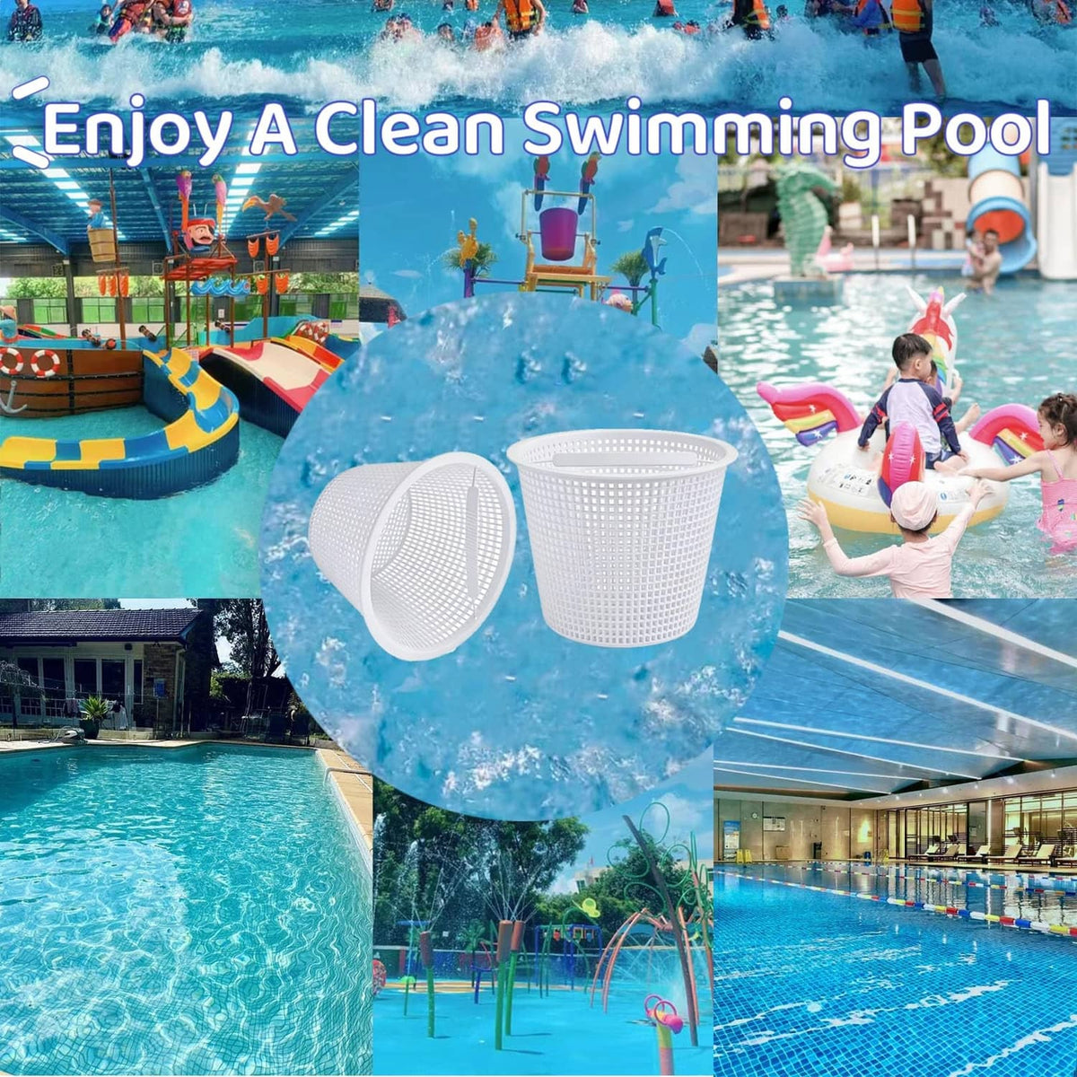 Two white pool skimmer baskets with handles, round mesh cups for cleaning swimming pools
