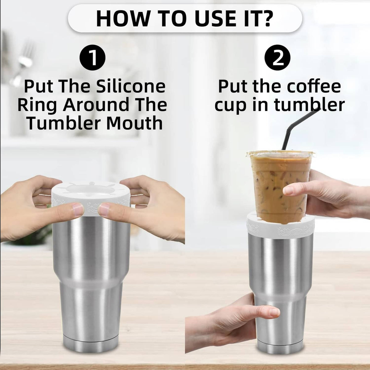 White silicone ring being placed on a stainless tumbler mouth