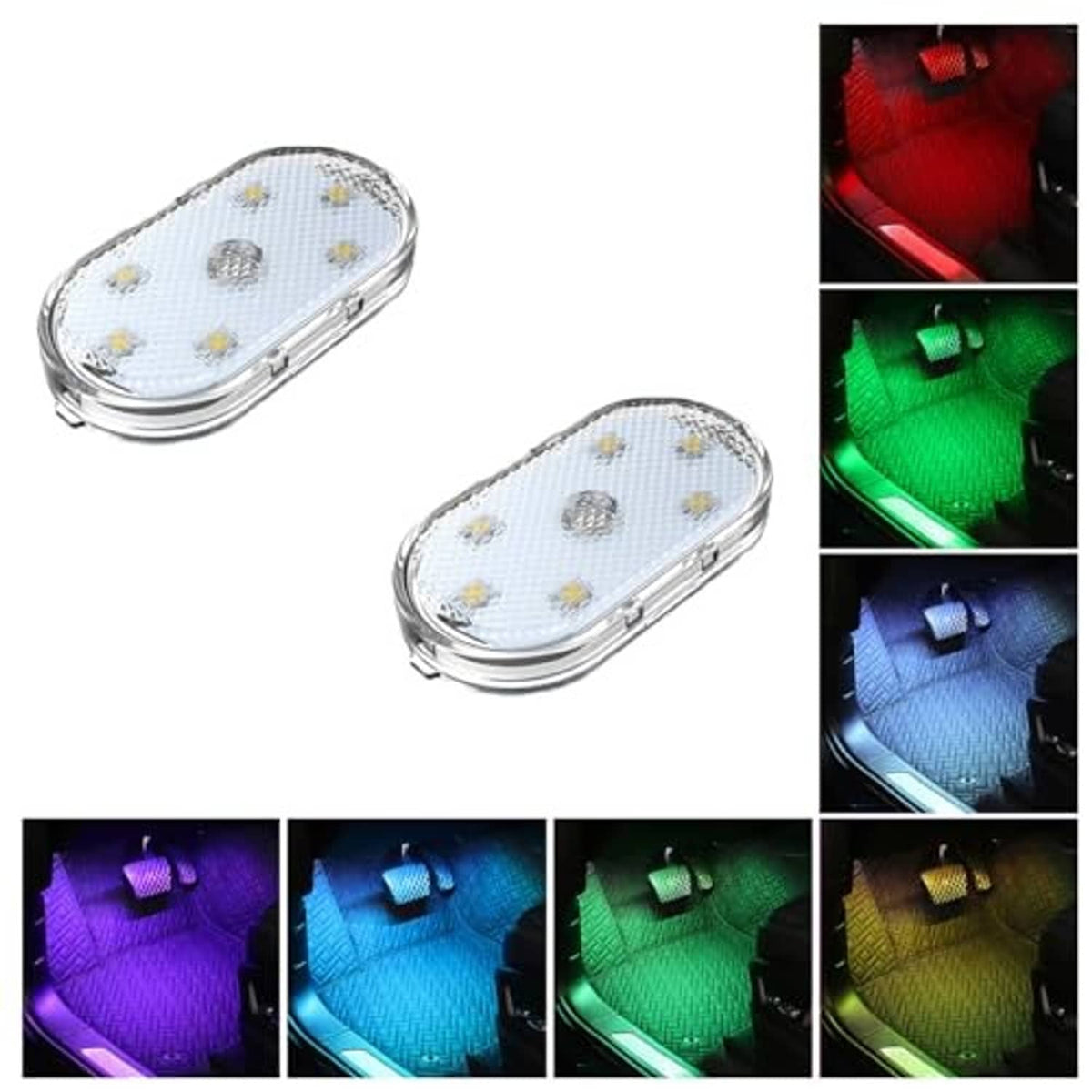 Pair of oval wireless LED modules with multicolor ambient lighting for car use.
