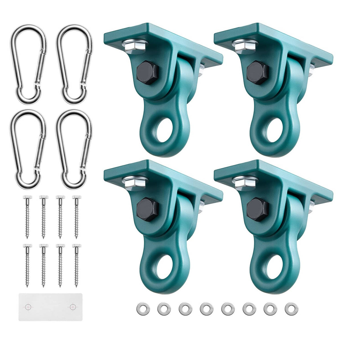 Set of 4 teal swing hanger brackets with metal hooks and mounting screws