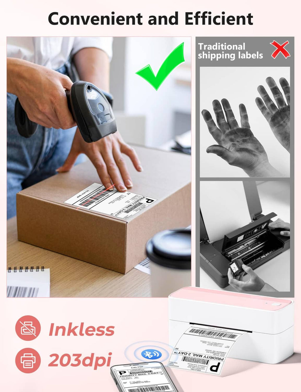 Compact thermal label printer with pink top printing, shown with label and scanner