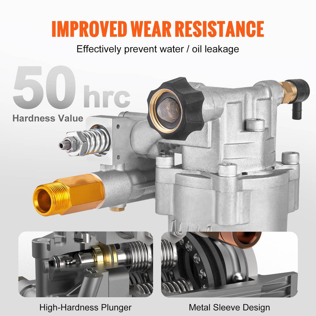 Pressure washer pump close-up with gold outlet and black inlet filter, metal plunger design