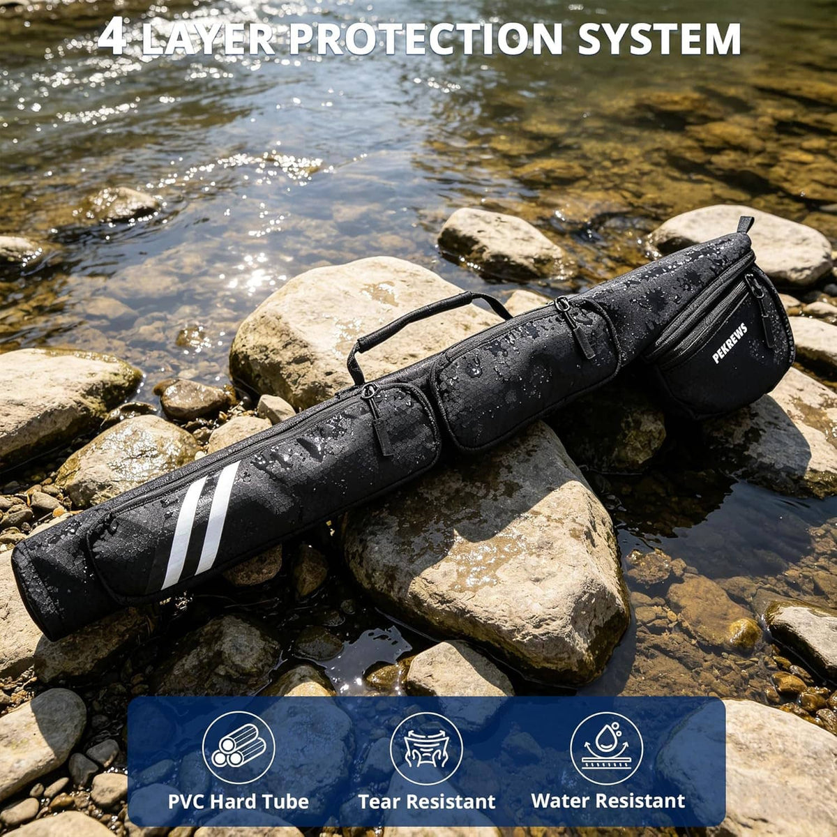 Black fly rod hard-tube case with side pouch on rocks, splash-ready outdoor design.