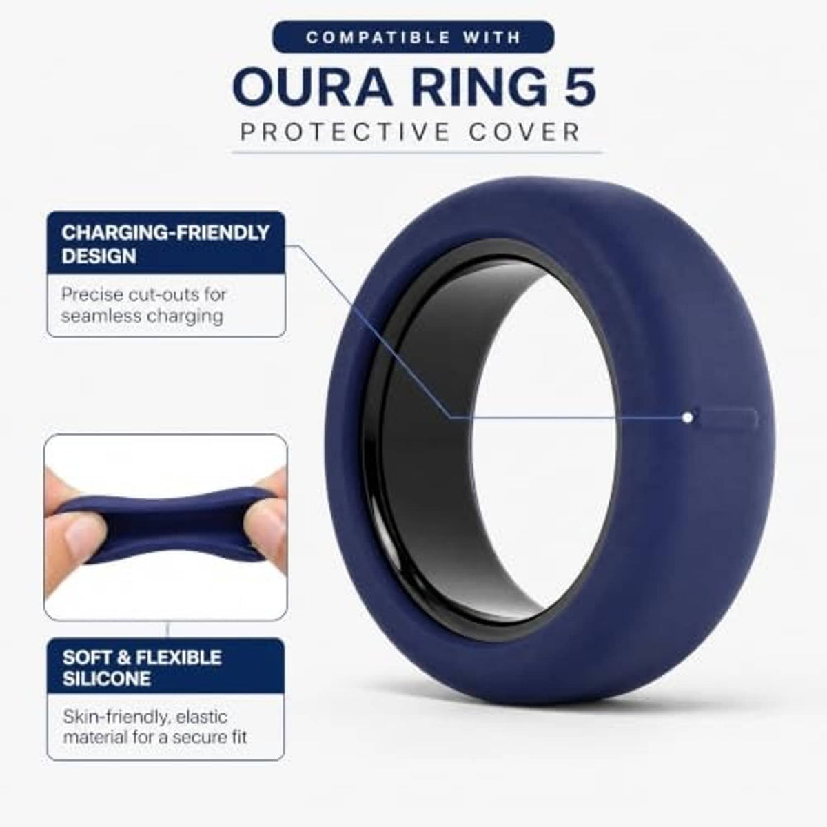 Blue silicone protective ring cover with precise cutout and glossy black inner opening