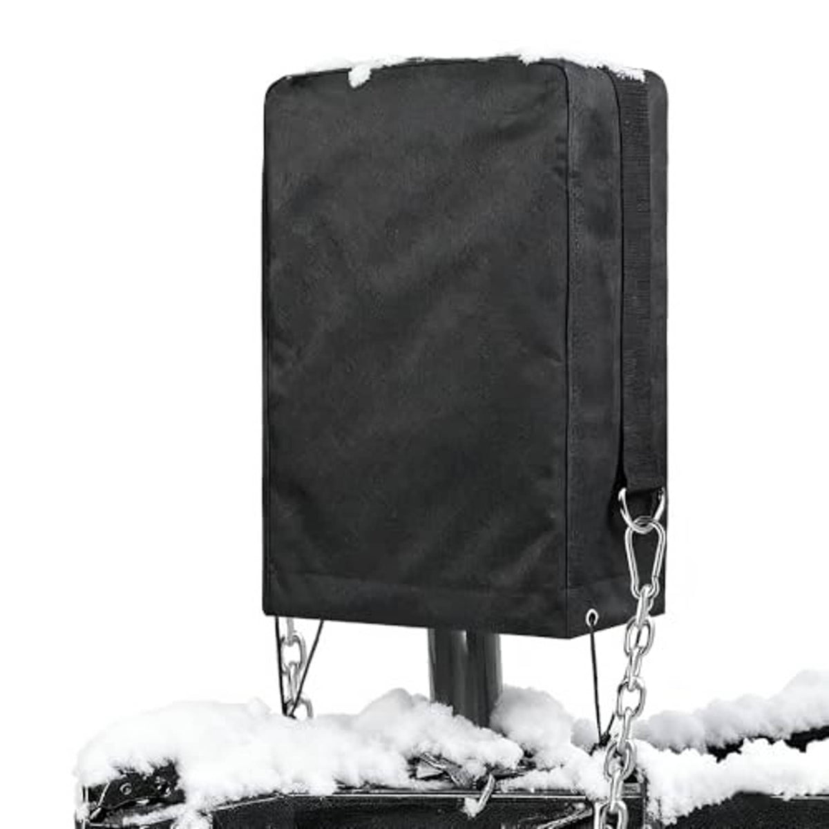 Black RV electric tongue jack cover with D-ring and drawstring cords for tightening