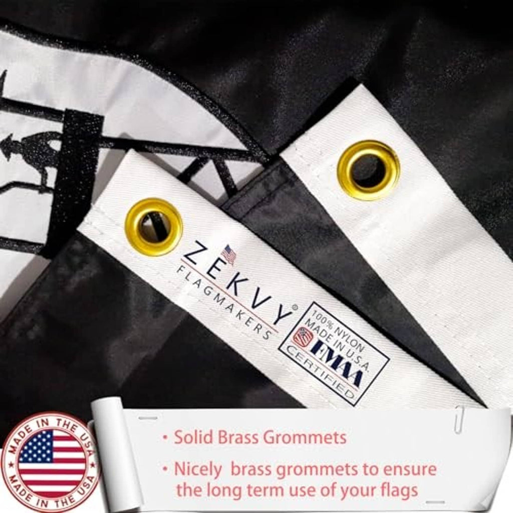 Black nylon flag corner with brass grommets and stitched heading label.