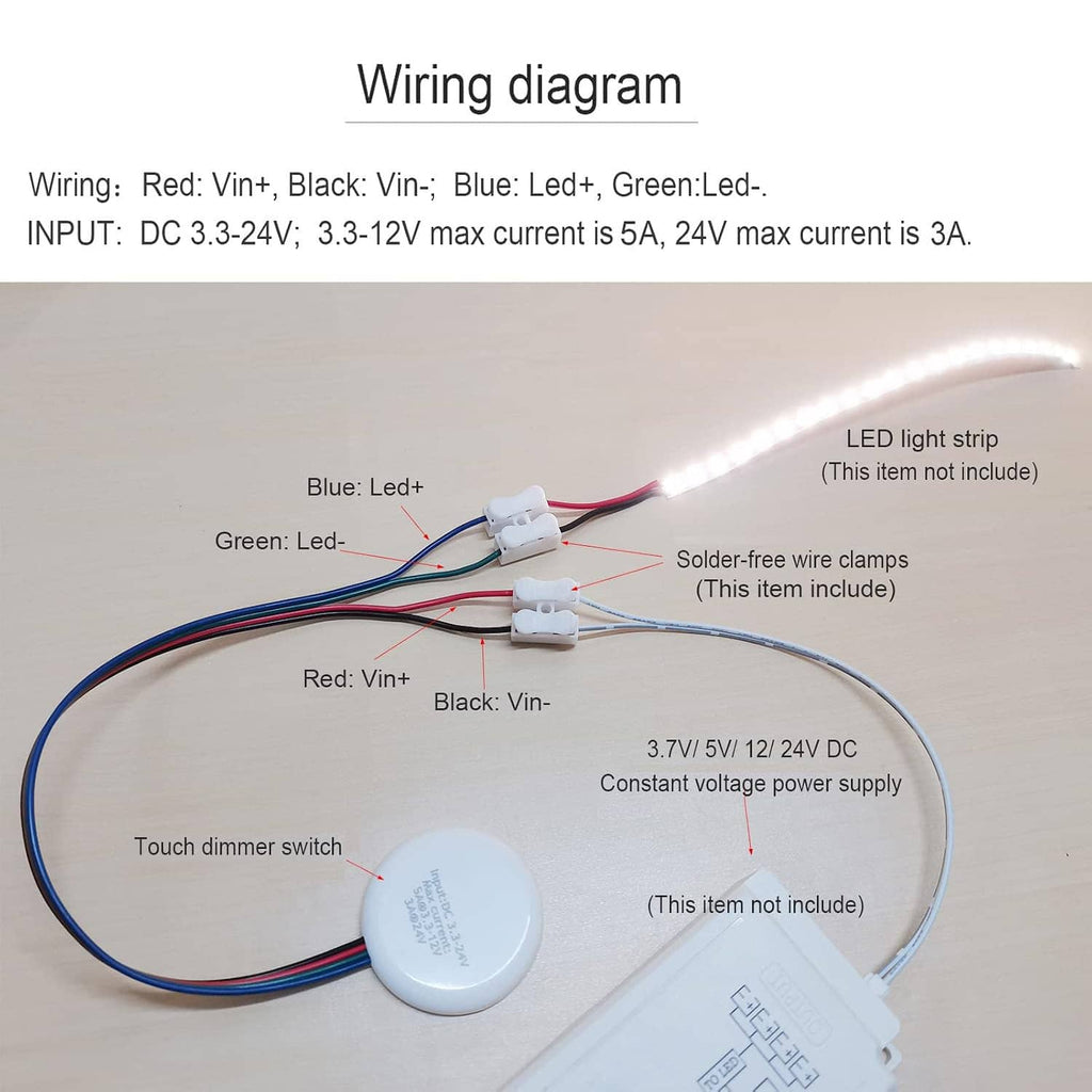 Touch dimmer switch wiring diagram with red, black, and blue/green LED lead colors