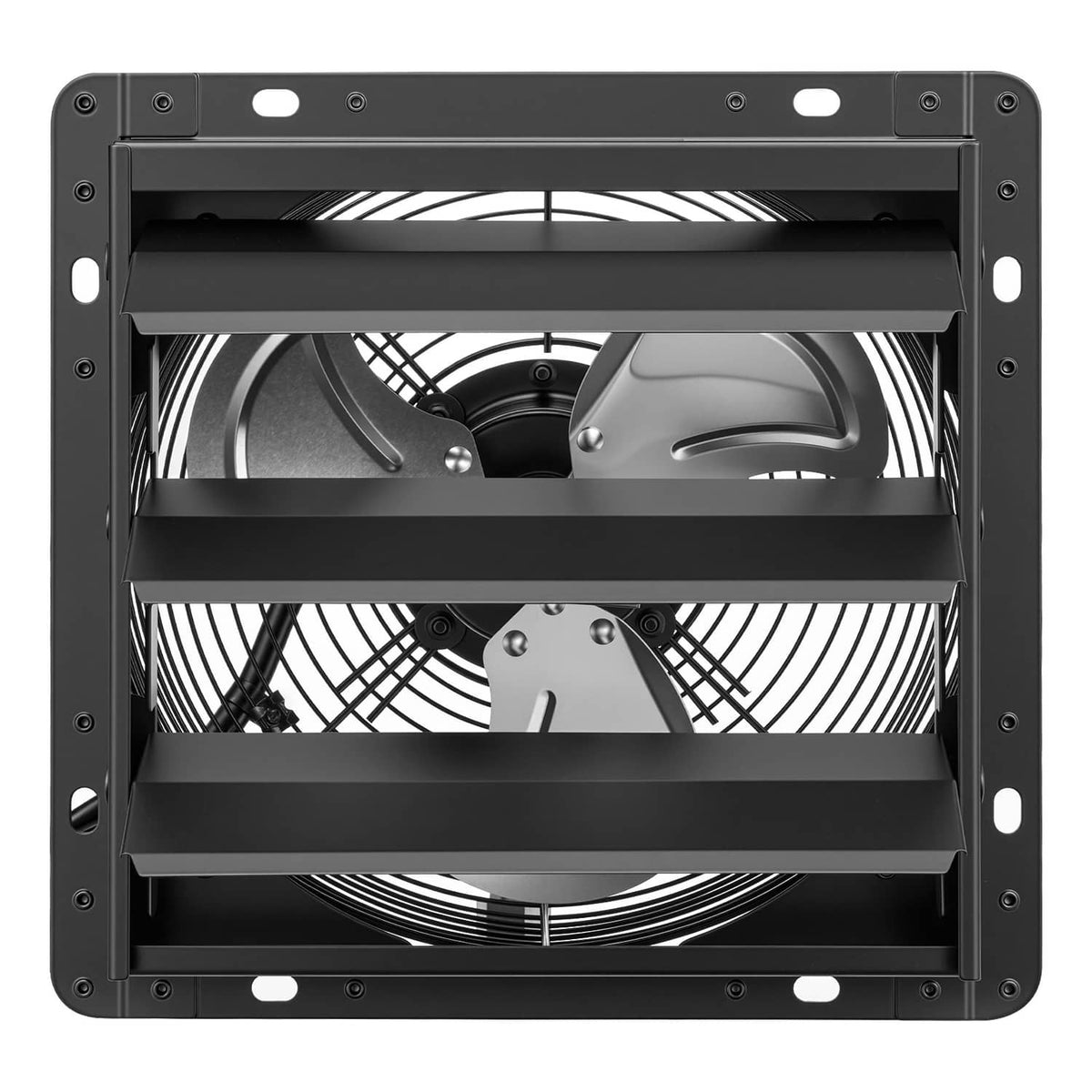Wall-mounted exhaust fan with automatic louvers, open front showing fan blades