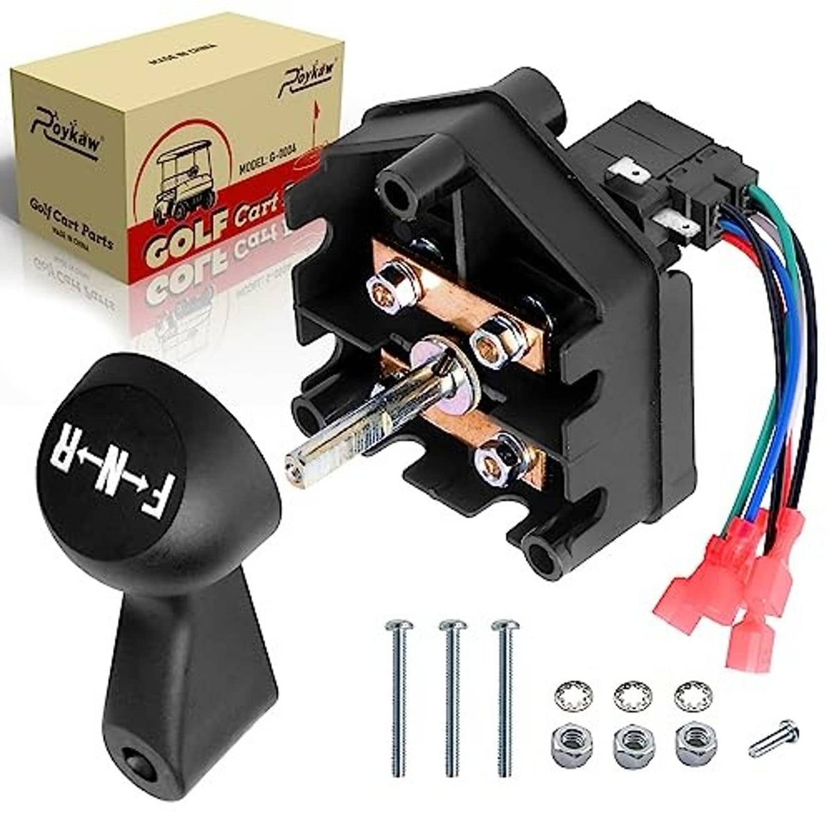 Golf cart forward/reverse switch assembly with black knob and multicolor wire leads