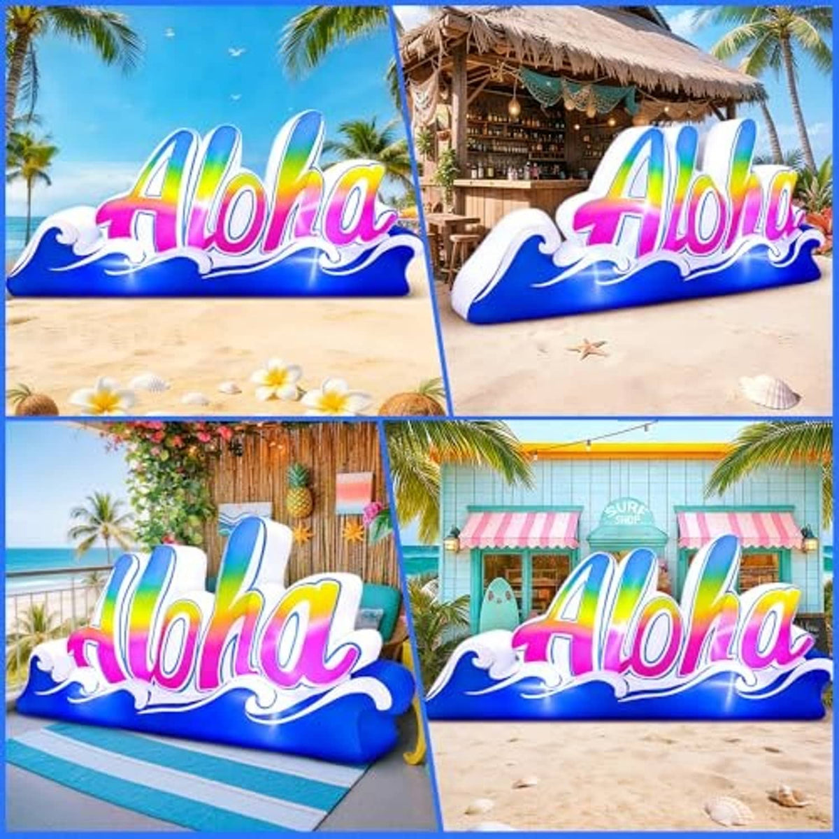 Inflatable Aloha banner sign shown in multiple views, blue base with wave motif