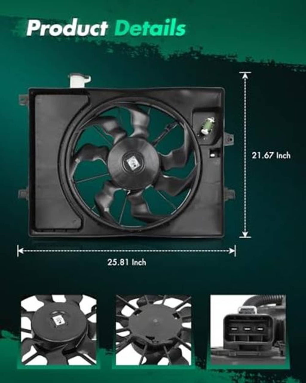 Radiator cooling fan assembly in black housing with fan blades and side connector