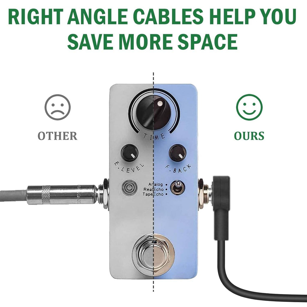 Right-angle 1/4-inch TS guitar patch cable connected to an effects pedal.