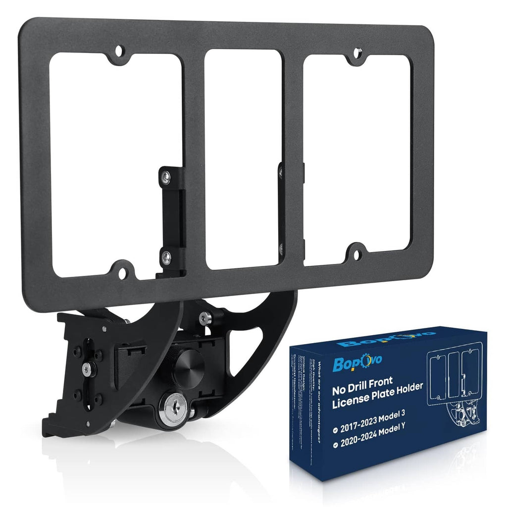 Black front license plate mount bracket with license plate frame and hardware