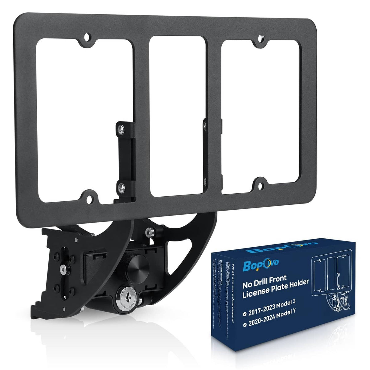 Black front license plate mount bracket with license plate frame and hardware
