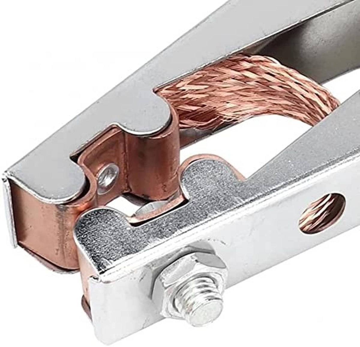 Earth ground cable clamp with copper braid under metal jaws and black insulation