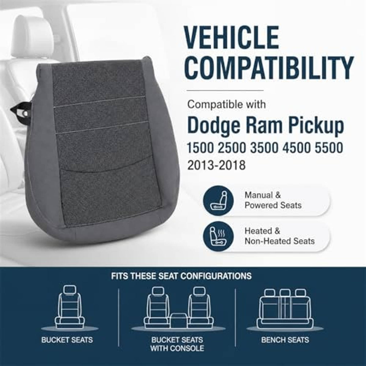 Front seat bottom cover in dark gray cloth with vertical seam lines and side strap.