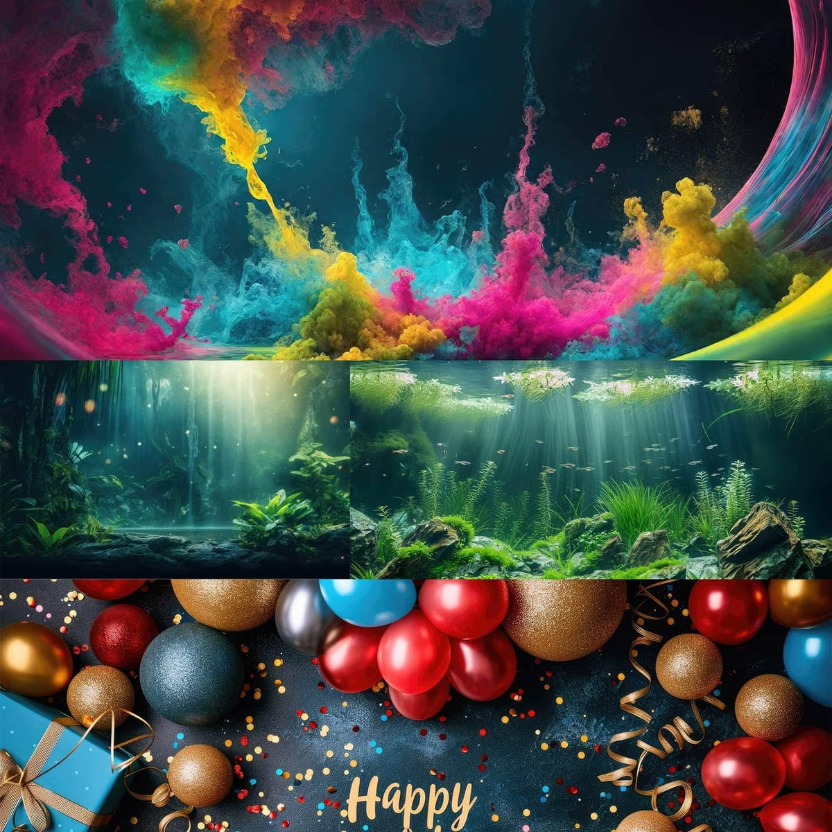 Colorful underwater aquarium scene with rainbow clouds and a 'Happy' greeting