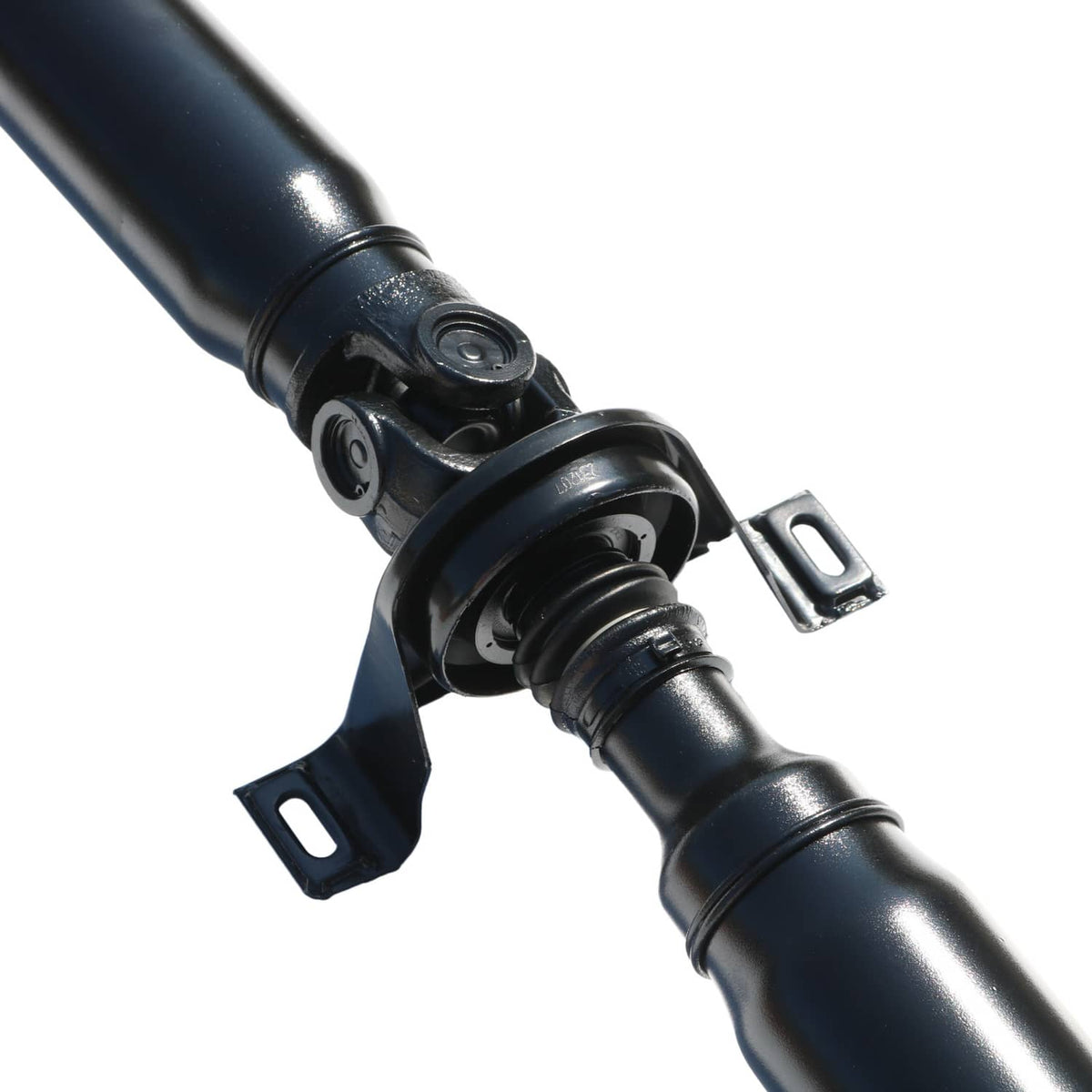 Rear drive shaft universal joint with fork yoke and mounting brackets on dark blue tube