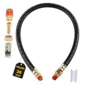 Black air brake hose assembly with brass fittings and red threaded couplings.