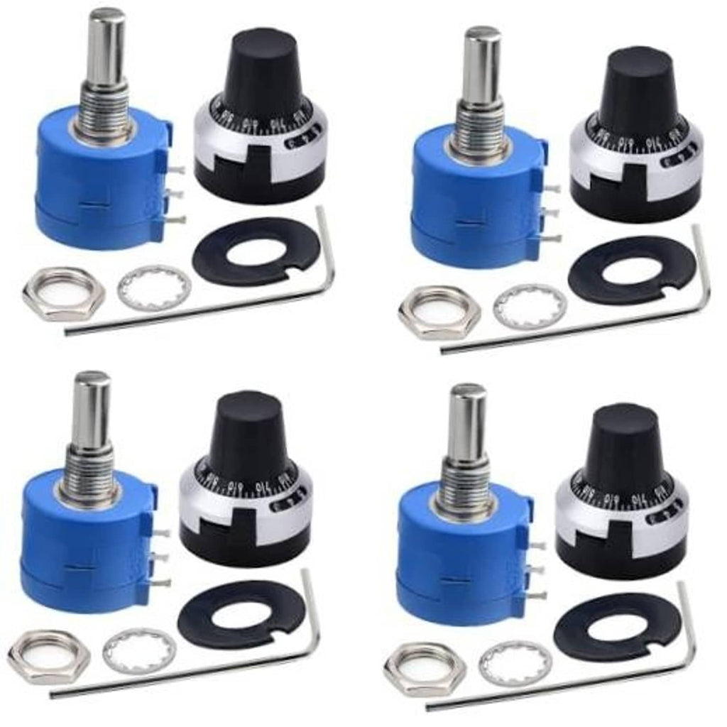 4-pack wire-wound potentiometers with blue housings, black knobs, metal shafts, and rings