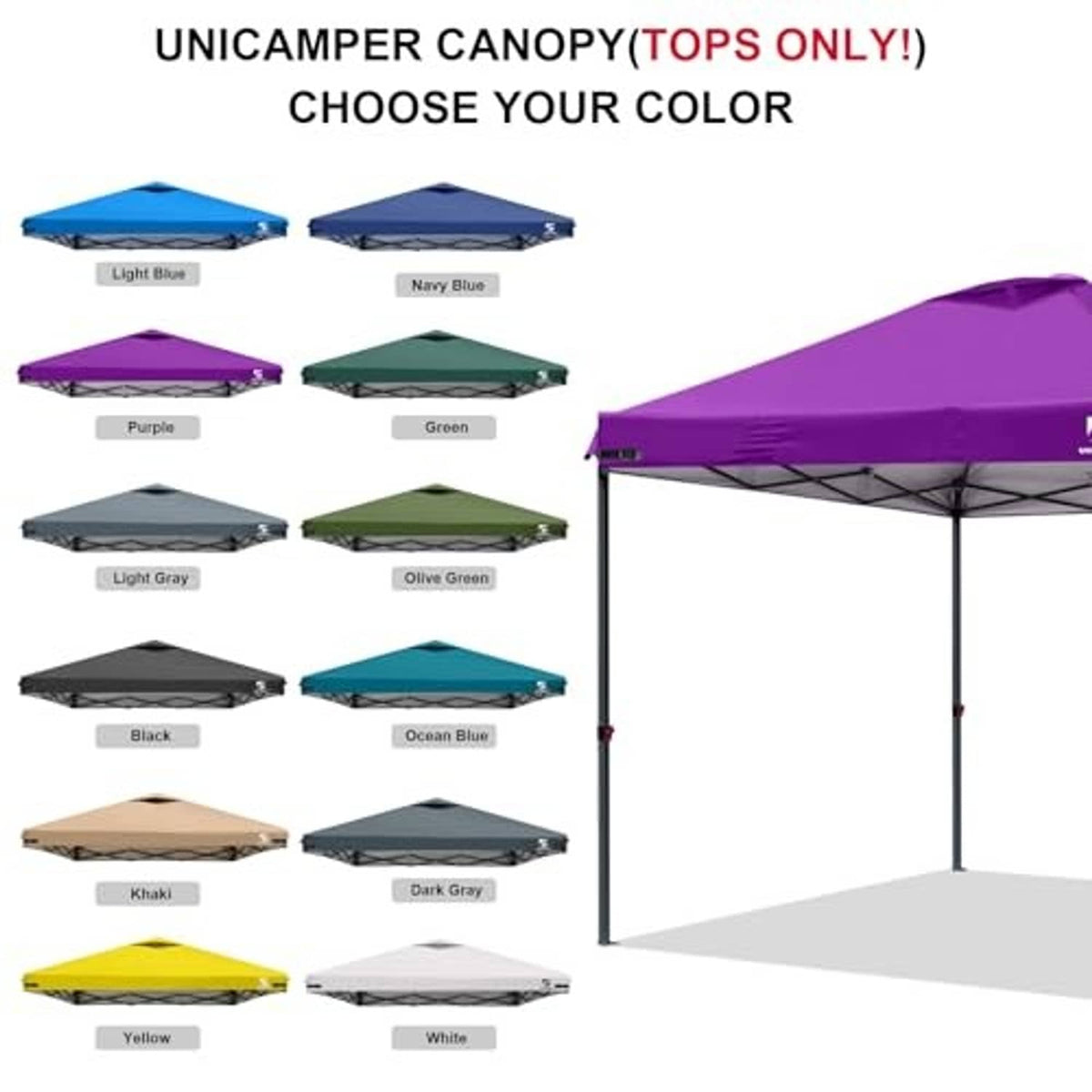 Purple canopy replacement top cover shown with color options on a chart