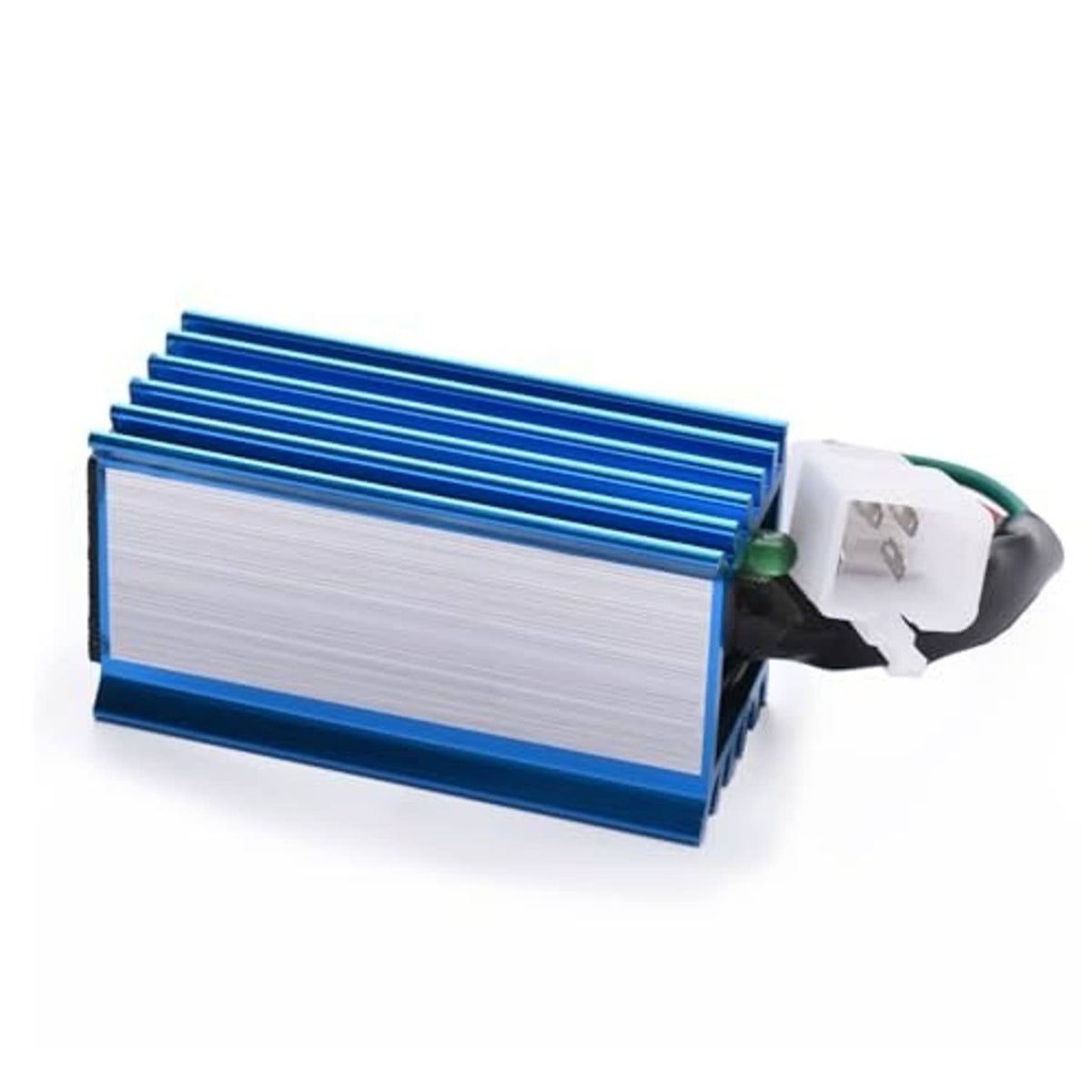 AC CDI box with blue fins and silver body, featuring a 5-pin male connector and wire pigtail