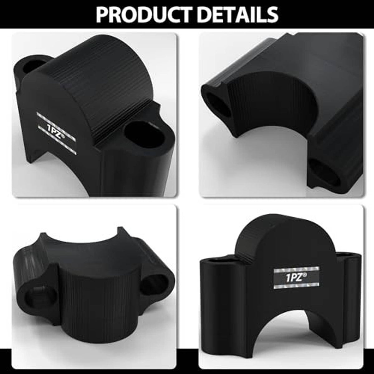 Black motorcycle handlebar riser clamps detail views showing mounting areas and texture