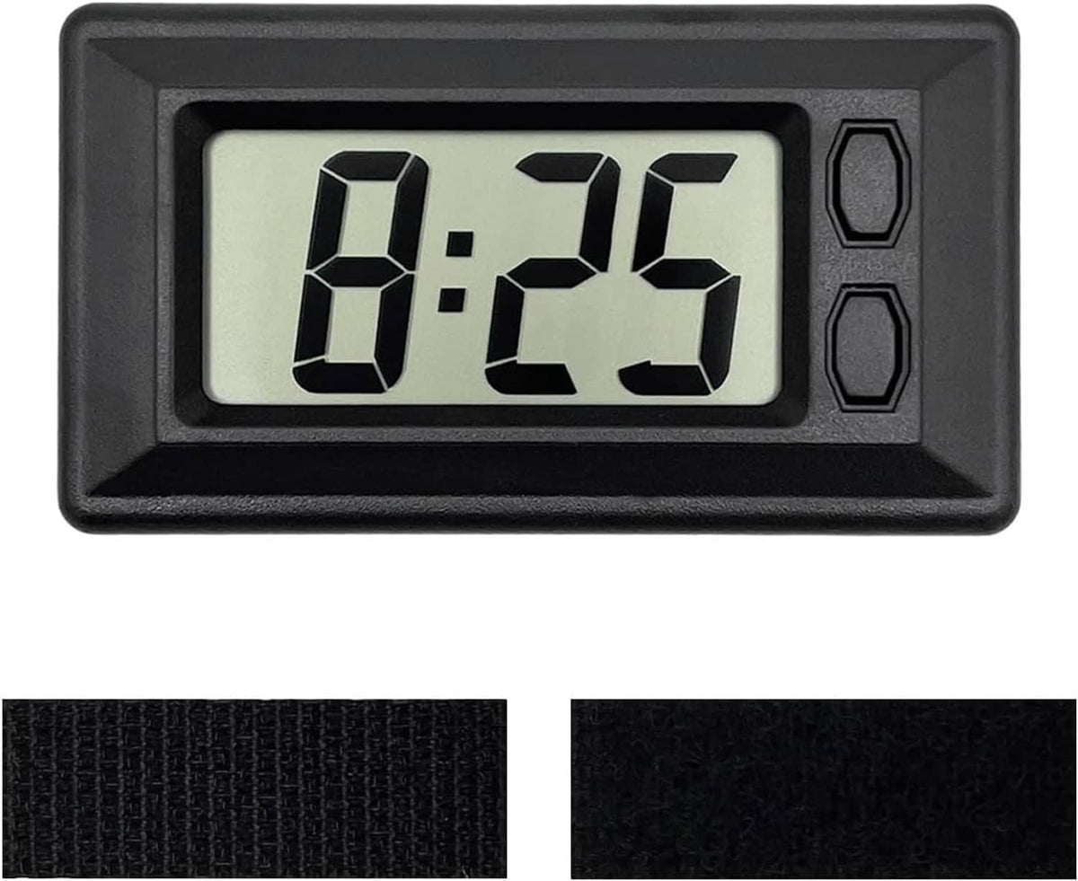 Mini portable digital car dashboard clock, black case with 8:25 LCD time display