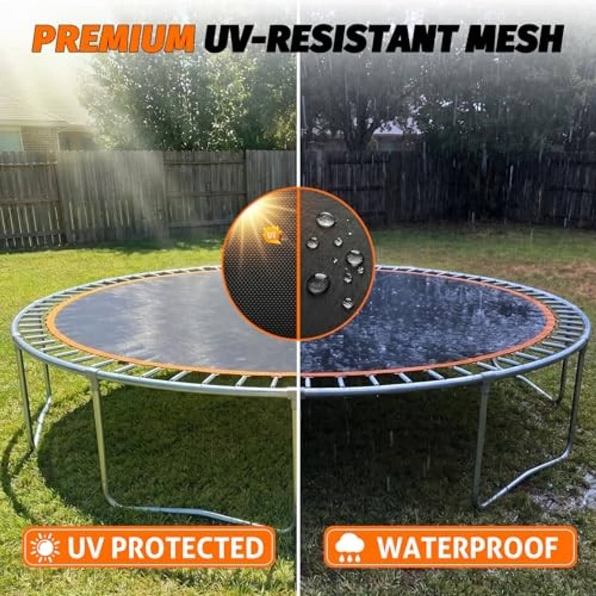Outdoor trampoline replacement mat, black mesh with orange rim for UV-protected use