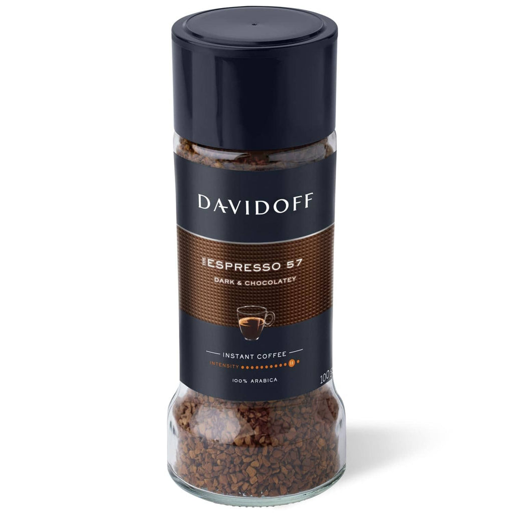 Davidoff Espresso 57 instant coffee jar with dark roast ground coffee in clear base