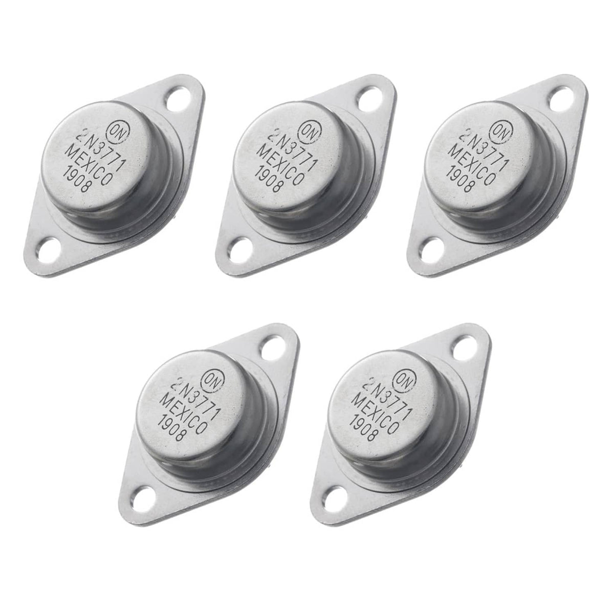 Pack of five TO-3 NPN power transistors with metal can and mounting tabs