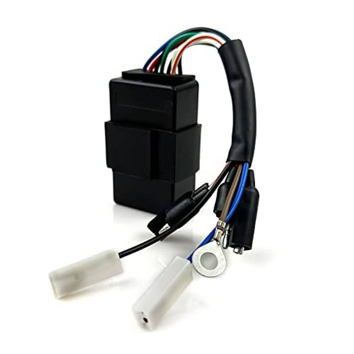 Black ignition control module with multi-color wire connector and crimp terminal leads