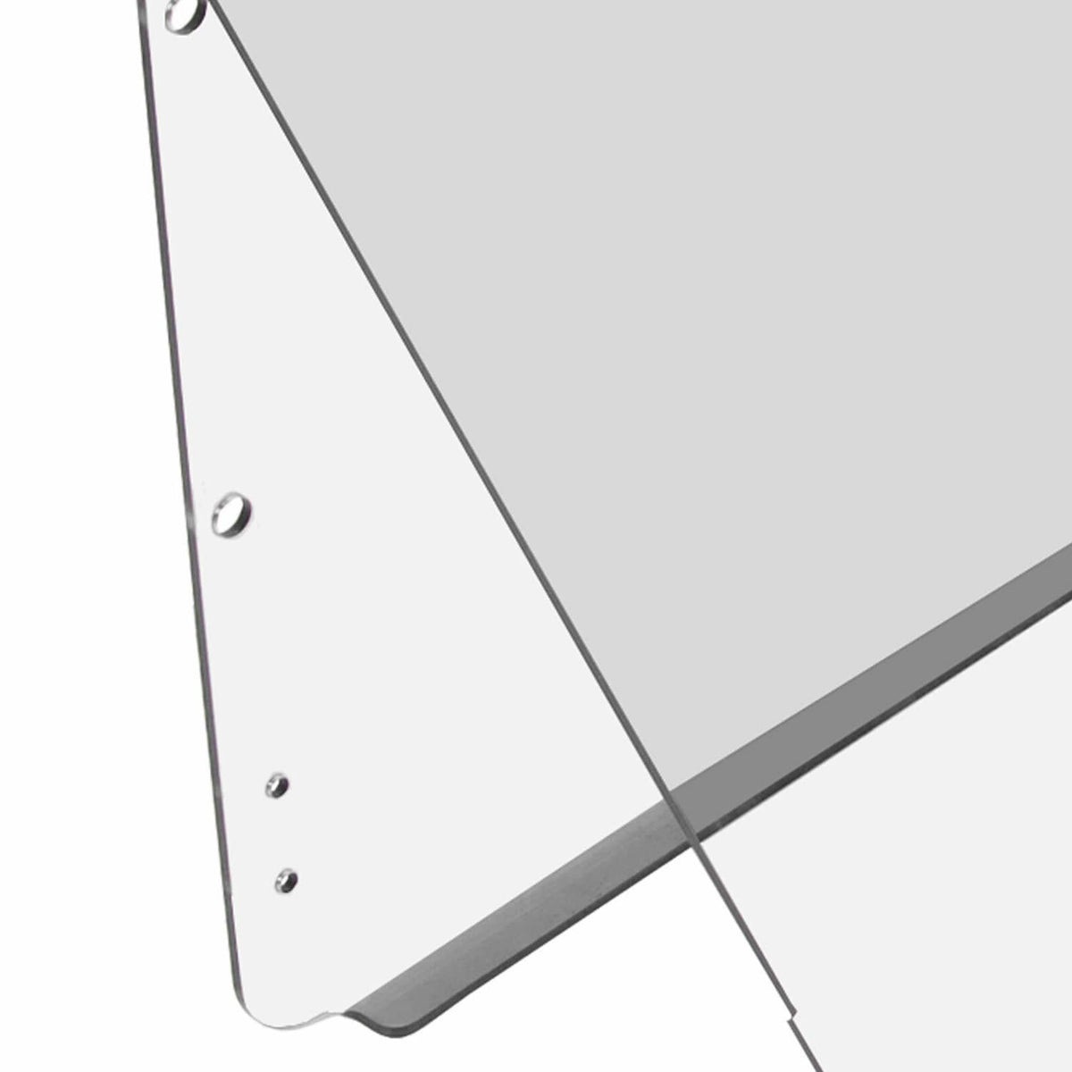 Clear windshield panel edge with metal hinge holes and folded corner