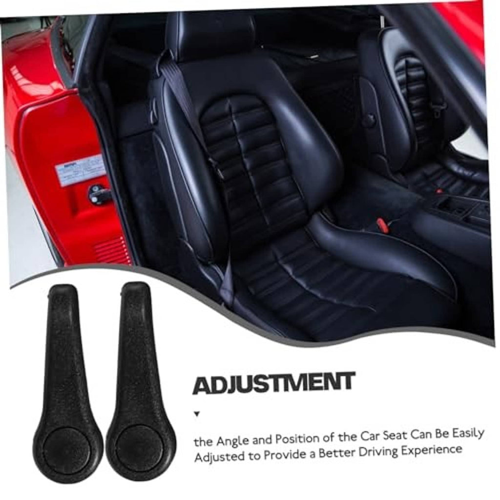 Black car seat adjustment lever handles shown next to a vehicle seat