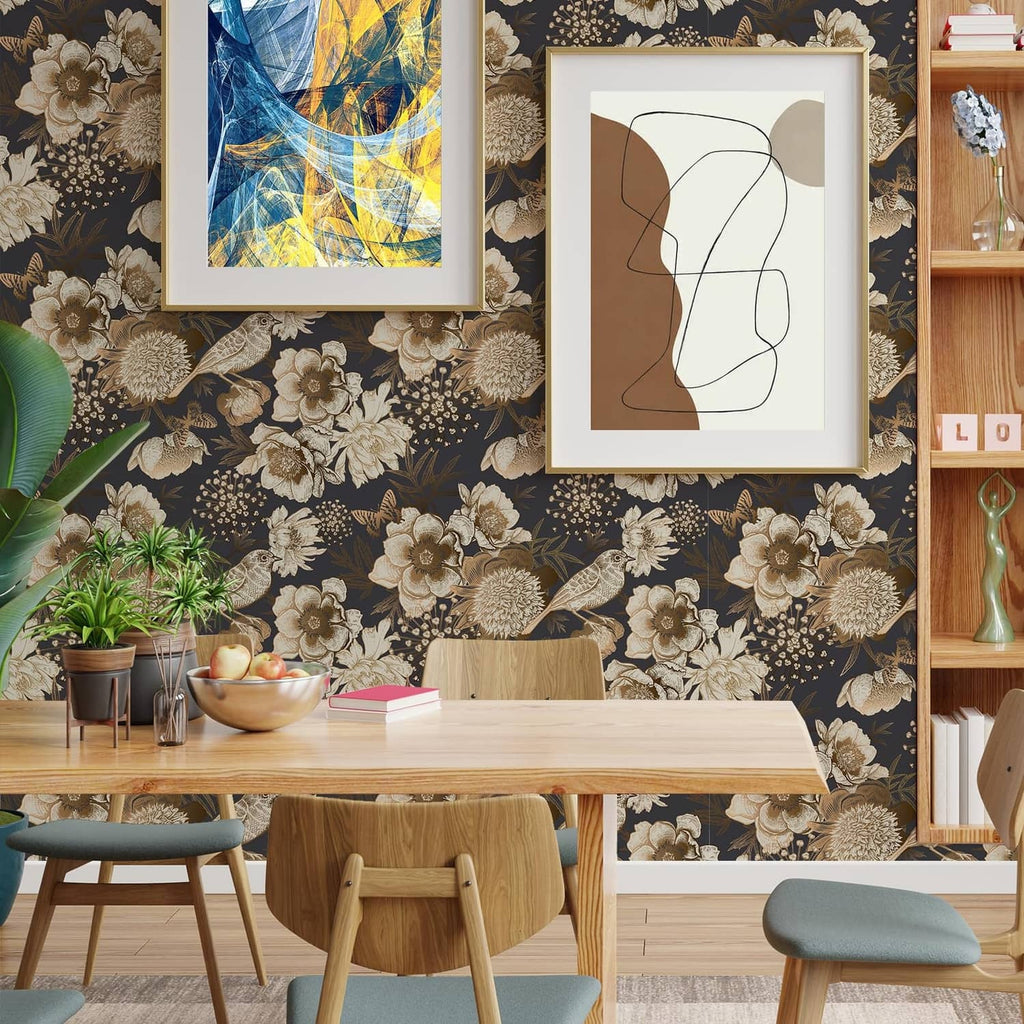 Black and gold floral bird wallpaper wall with framed art and dining table