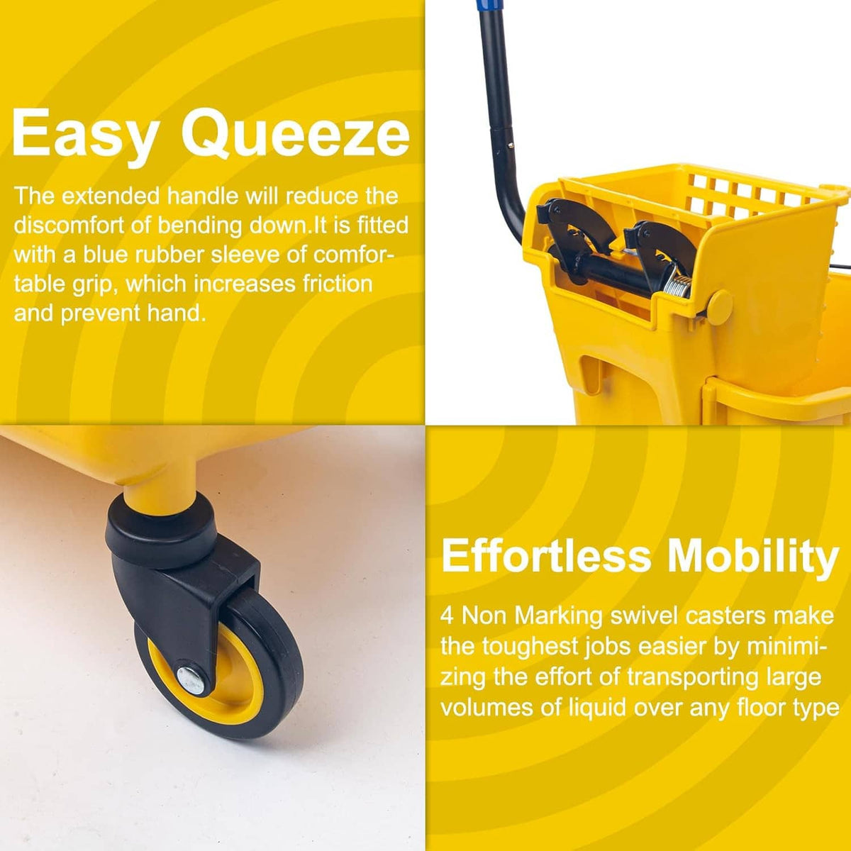 Yellow mop bucket with side-press wringer and swivel caster wheels, upright handle