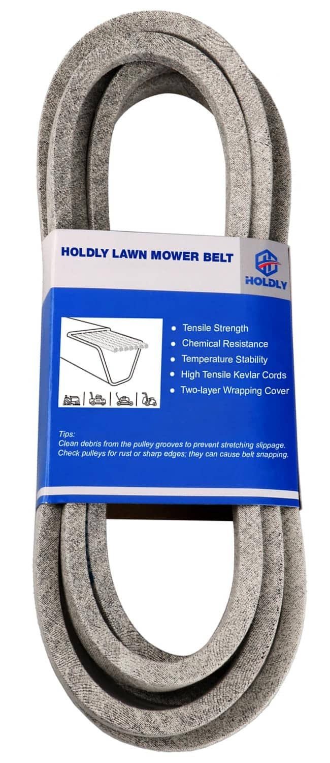 Holdly lawn mower deck belt, gray rubber loop with blue packaging label