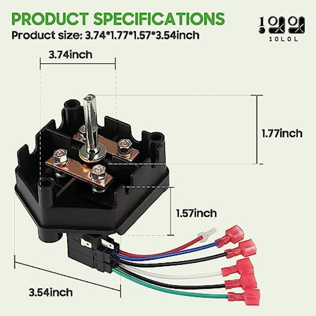 Forward-reverse switch dimensions diagram with labeled measurements and terminals