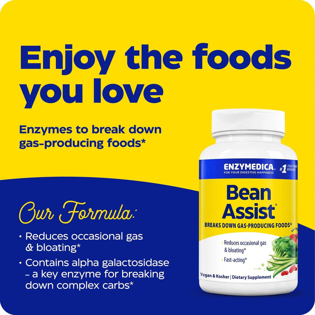 Enzymedica Bean Assist supplement bottle with blue-and-yellow label for gas and bloating support